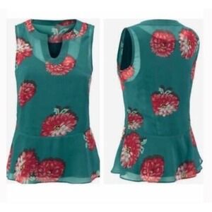 Cabi Teal Floral Peplum V Neck Sleeveless Top Women's Size M 
chic‎ brunch